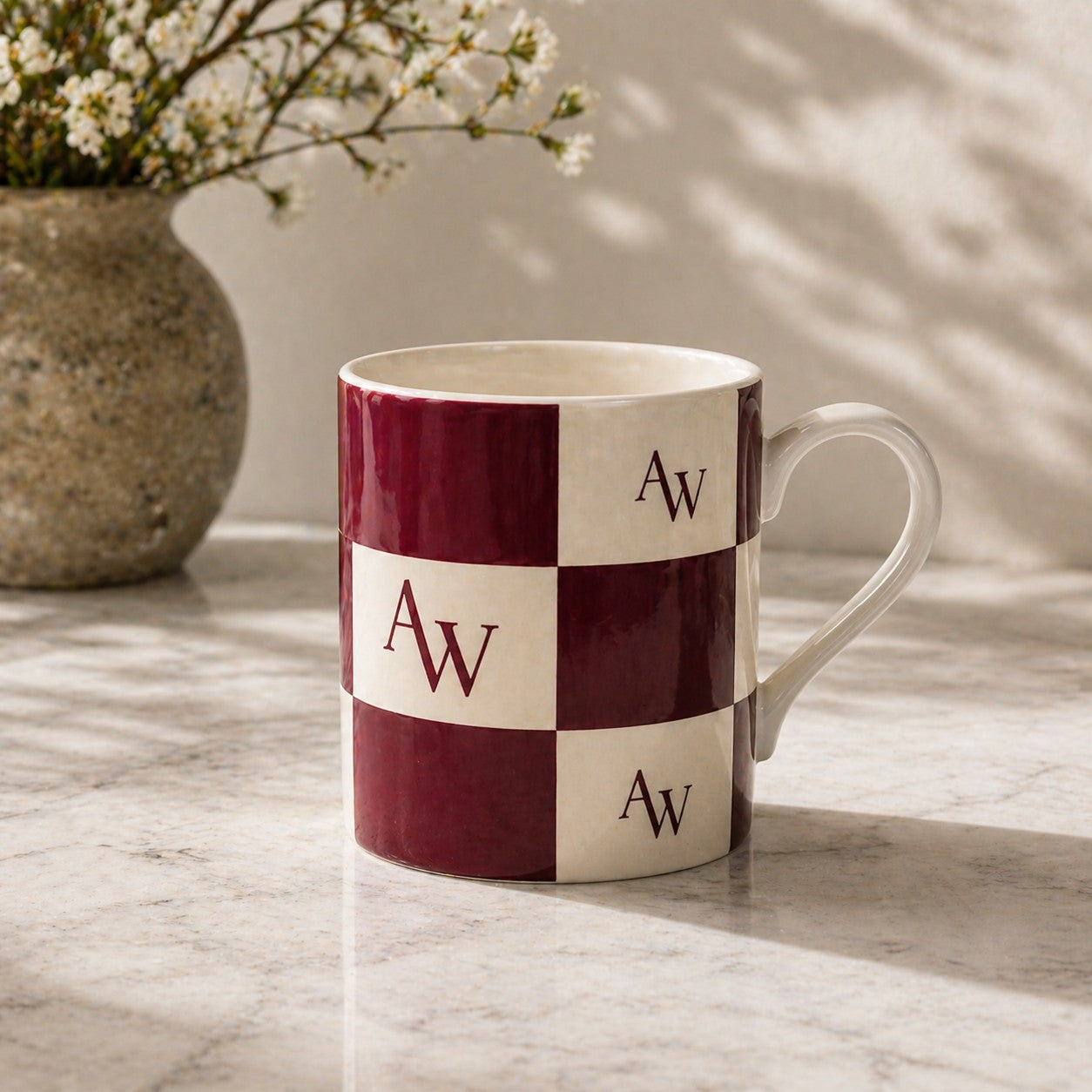 Heritage AW Checker Mug – Oxblood & Taupe