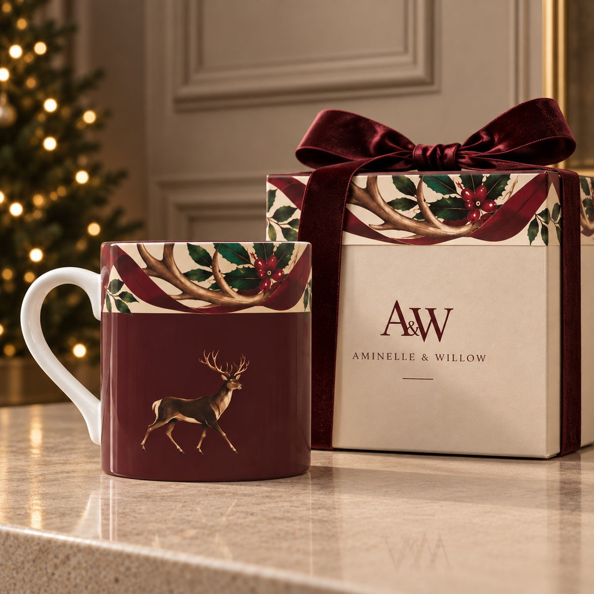 Fine bone china Christmas stag mug with deer, antlers, tartan, holly and red berries on a deep burgundy background