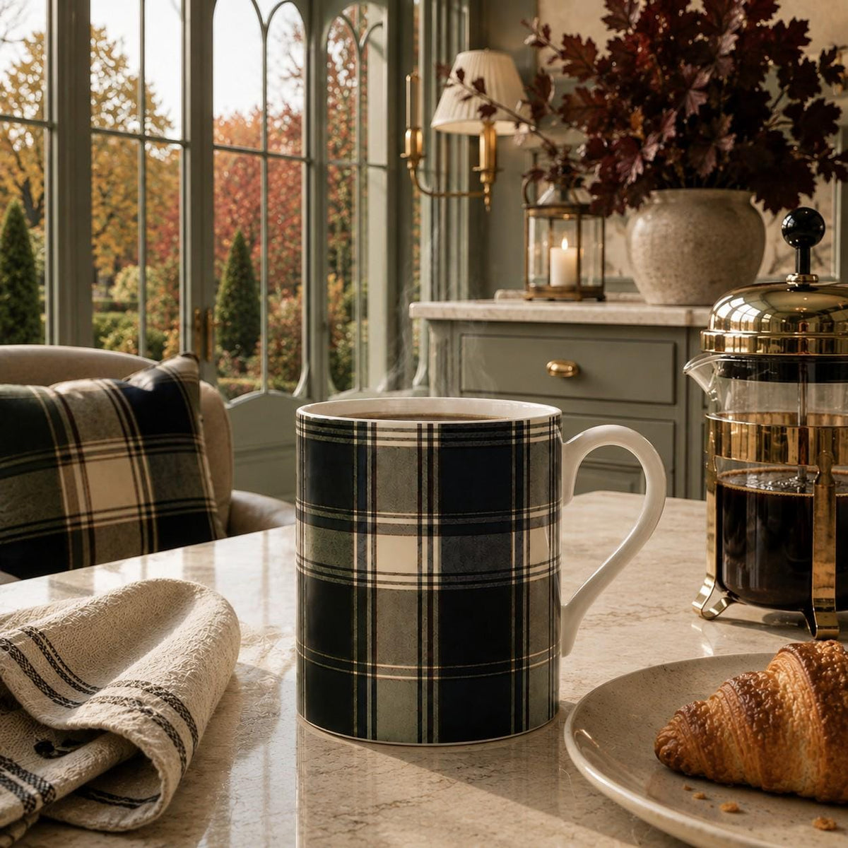 Fine bone china mug with navy, charcoal, taupe and cream country check design