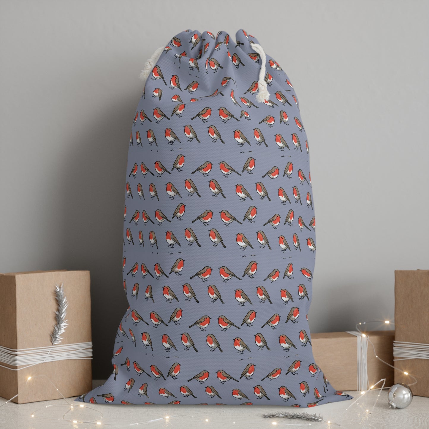 Blue Christmas Sack with Charming Christmas Robins
