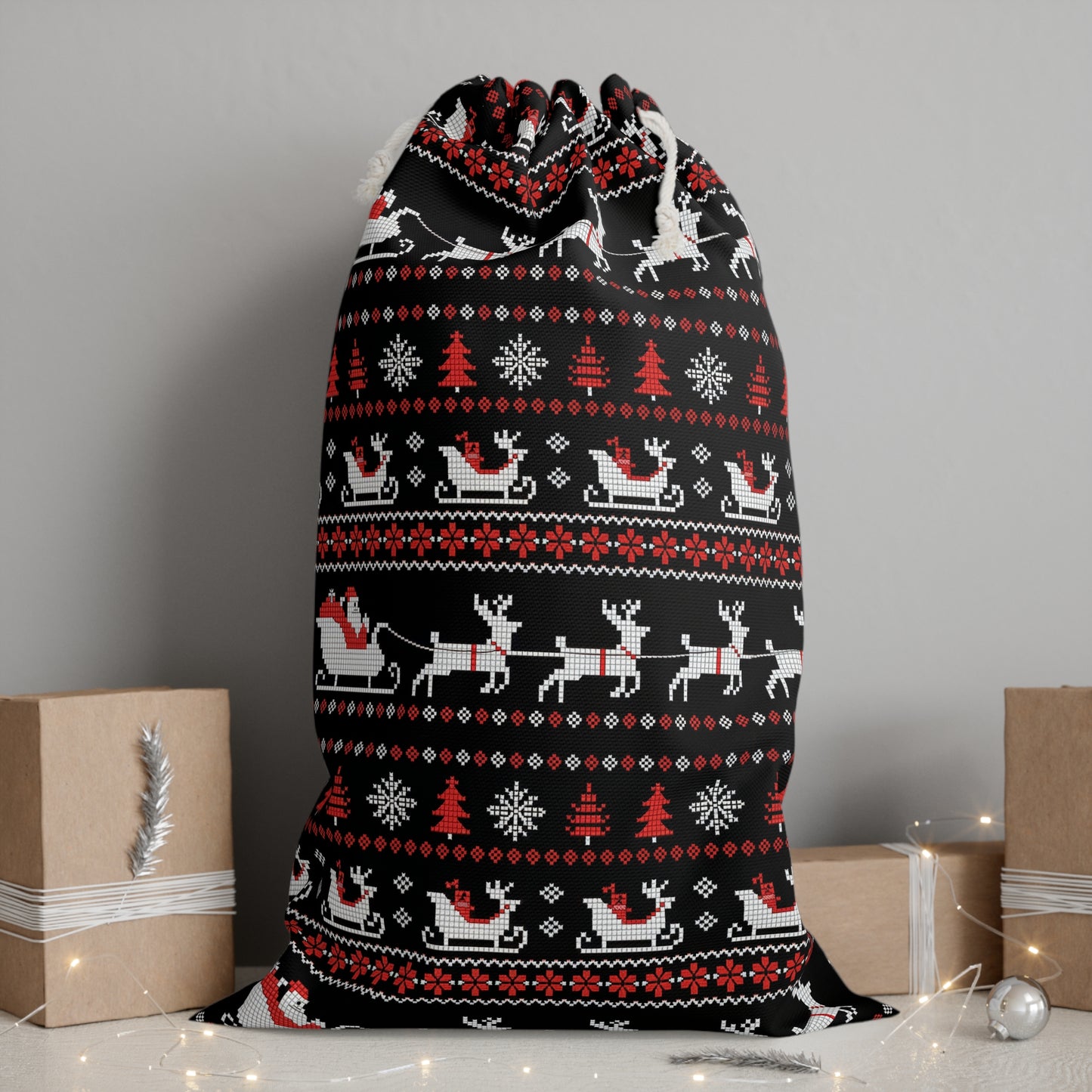 Nordic Style Christmas Sack with Father Christmas & Reindeer Design