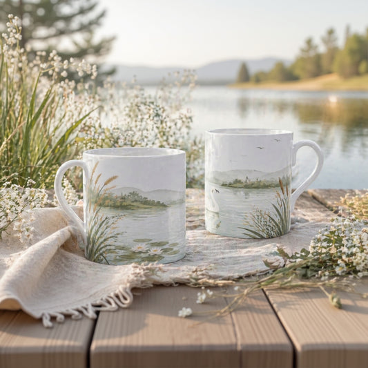 Riverbank Swan Mug – Premium Lakeside Design, Soft Pastel Illustration