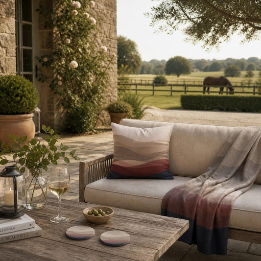 Estate Living Wave organic cotton throw in ivory, taupe, burgundy and midnight blue by Aminelle & Willow