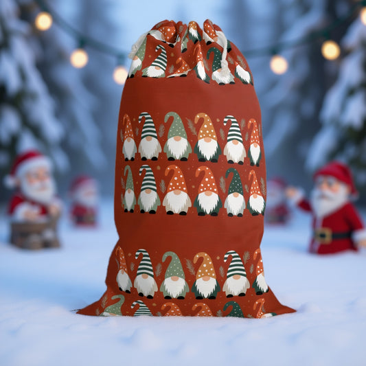 Red Christmas Sack with Adorable Christmas Gnomes