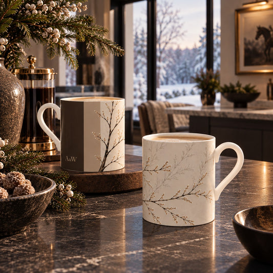 Two Winter Frost botanical coffee mugs styled in a luxury winter interior with warm candlelight, dark marble and snowy views.