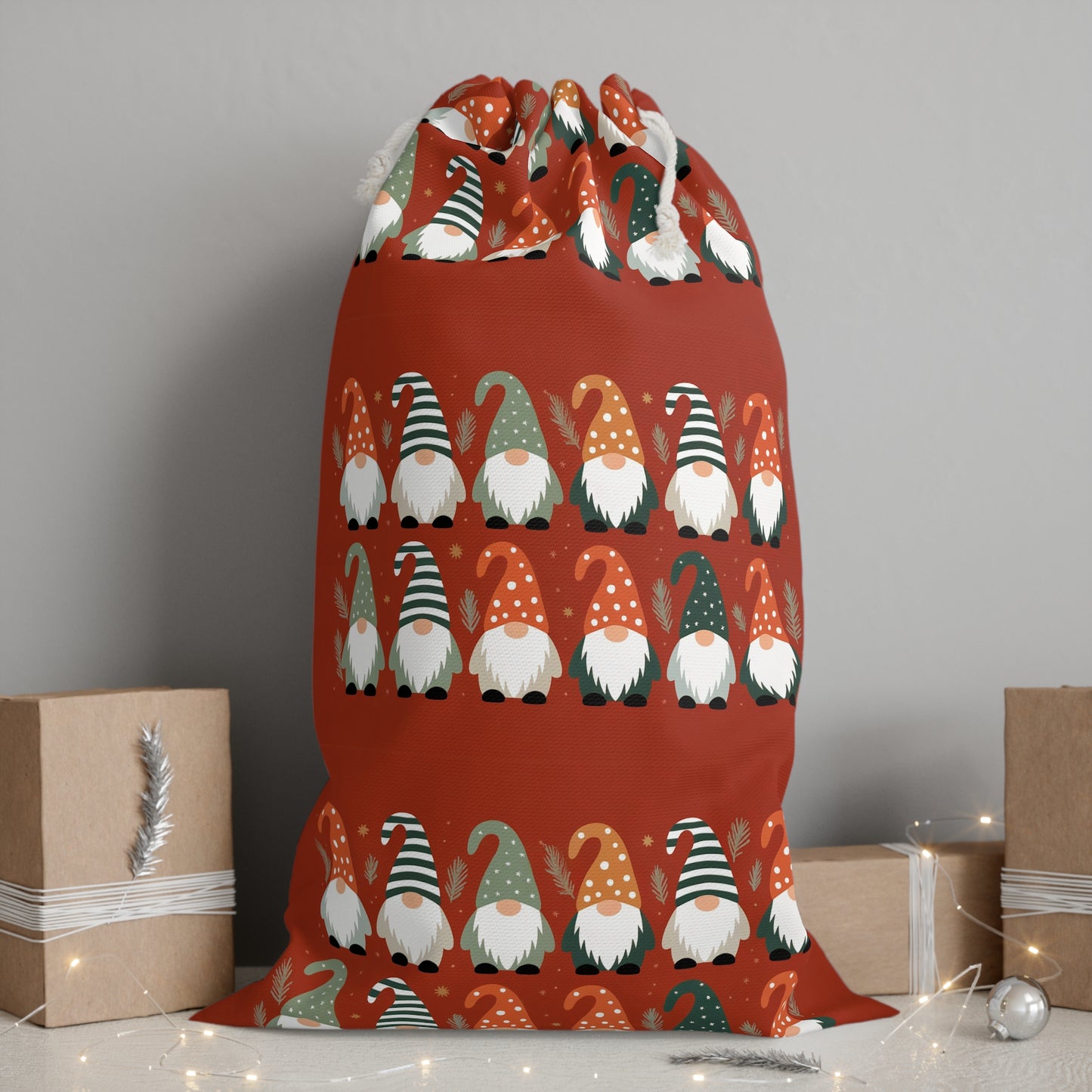 Red Christmas Sack with Adorable Christmas Gnomes