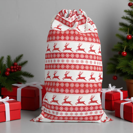 Reindeer & Snowflakes Christmas Sack - Red and White Nordic Design