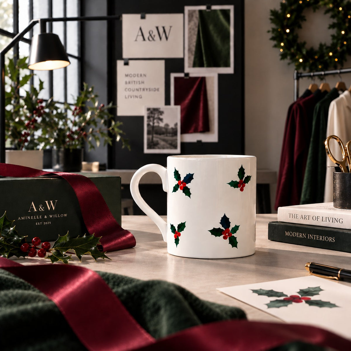 White fine bone china Christmas mug with scattered green holly leaves and red berries