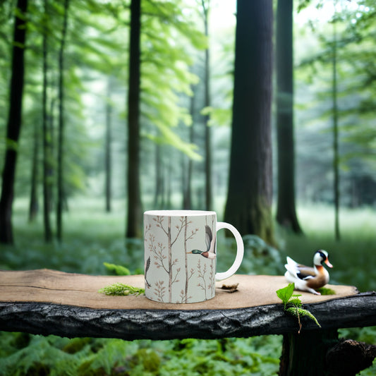 Ceramic Mug with Woodland Ducks in Flight - Wildlife Design