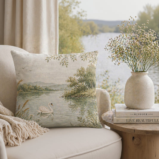 Riverbank Swan Cushion – Serene Watercolour Landscape Home Decor
