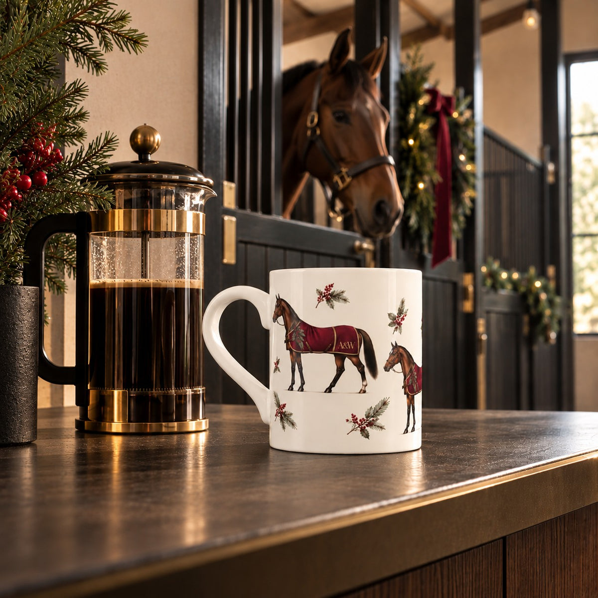 The Winter Stable equestrian mug styled in a contemporary stable with burgundy horse and festive winter foliage design