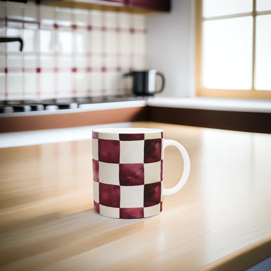 Farmhouse Style Burgundy Checkered Ceramic Mug