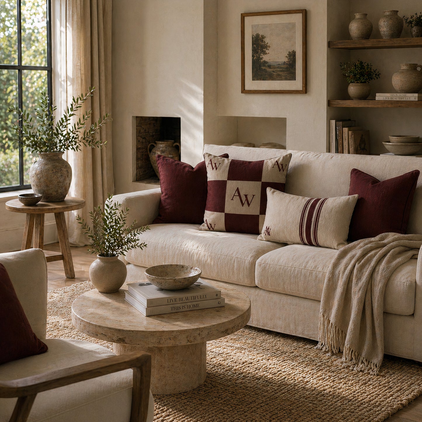 Heritage AW Checker Cushion – Oxblood & Taupe