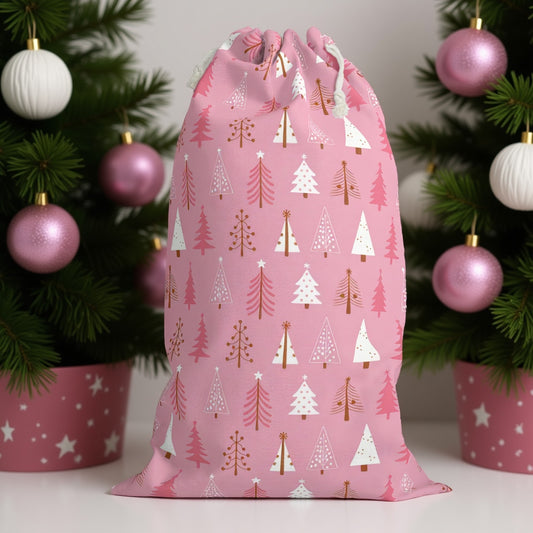 Pink Christmas Sack with Adorable Christmas Tree Designs
