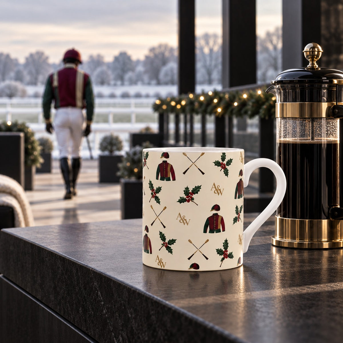 Fine bone china horse racing Christmas mug with racing jackets, crossed crops, holly, red berries and A&W monogram