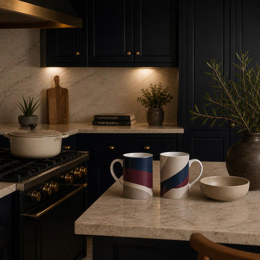 Estate Living Wave fine bone china mug in midnight blue, burgundy, taupe and ivory by Aminelle & Willow