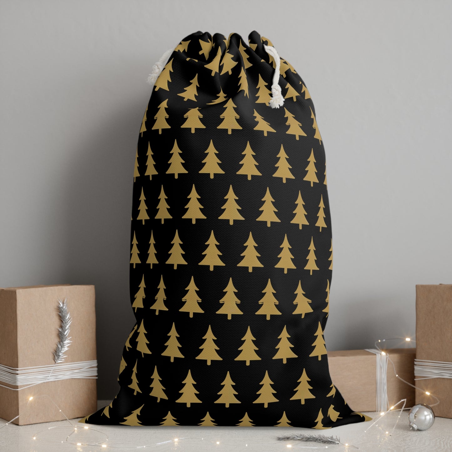 Elegant Black Christmas Sack with Gold Tree Design