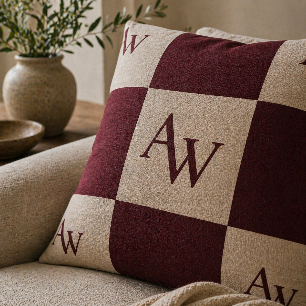 Heritage AW Checker Cushion – Oxblood & Taupe