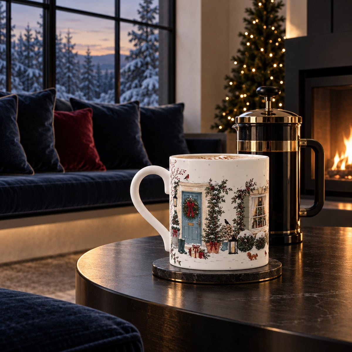 Fine bone china Christmas mug with snowy estate gates, decorated Christmas trees, robin, bicycle and red bows
