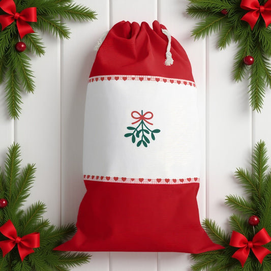 Chic Red Christmas Sack Featuring Mistletoe – Stylish Holiday Decor