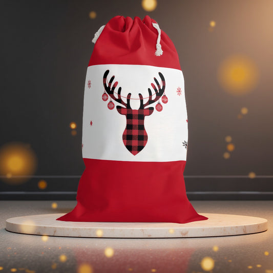 Chic Red and Black Gingham Reindeer Christmas Sack