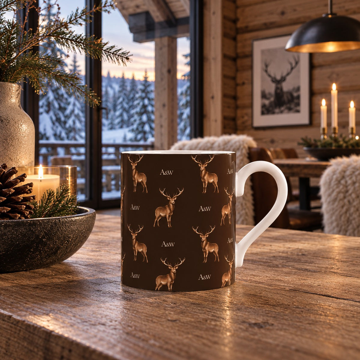 Fine bone china stag mug with illustrated deer and A&W monogram on a dark chocolate brown background