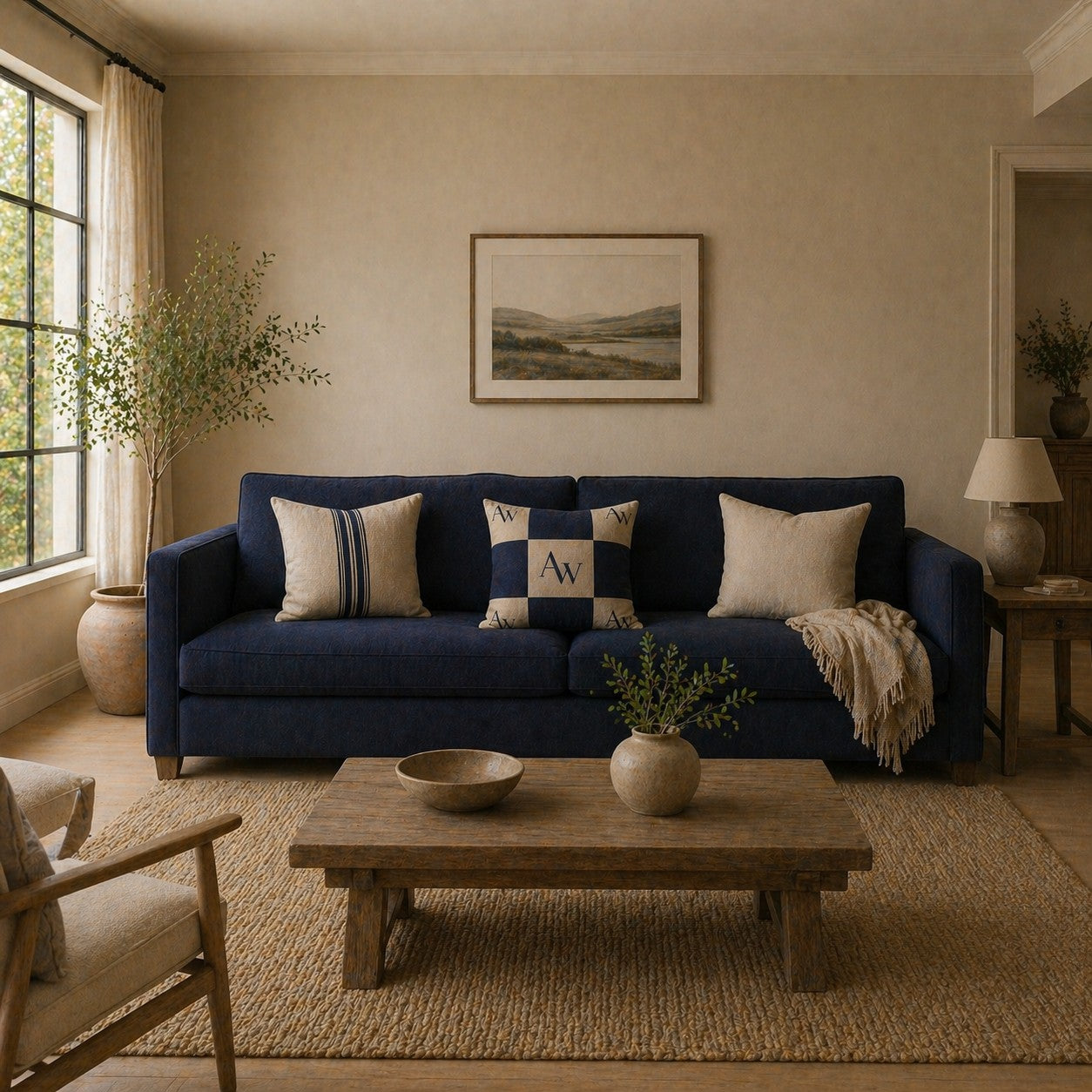 Heritage AW Checker Cushion – Navy & Oat