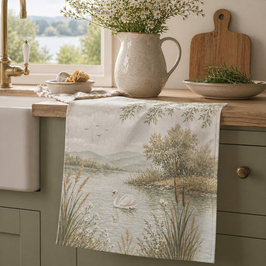 Riverbank Tea Towel – Serene Swan and Tranquil Lake Illustration