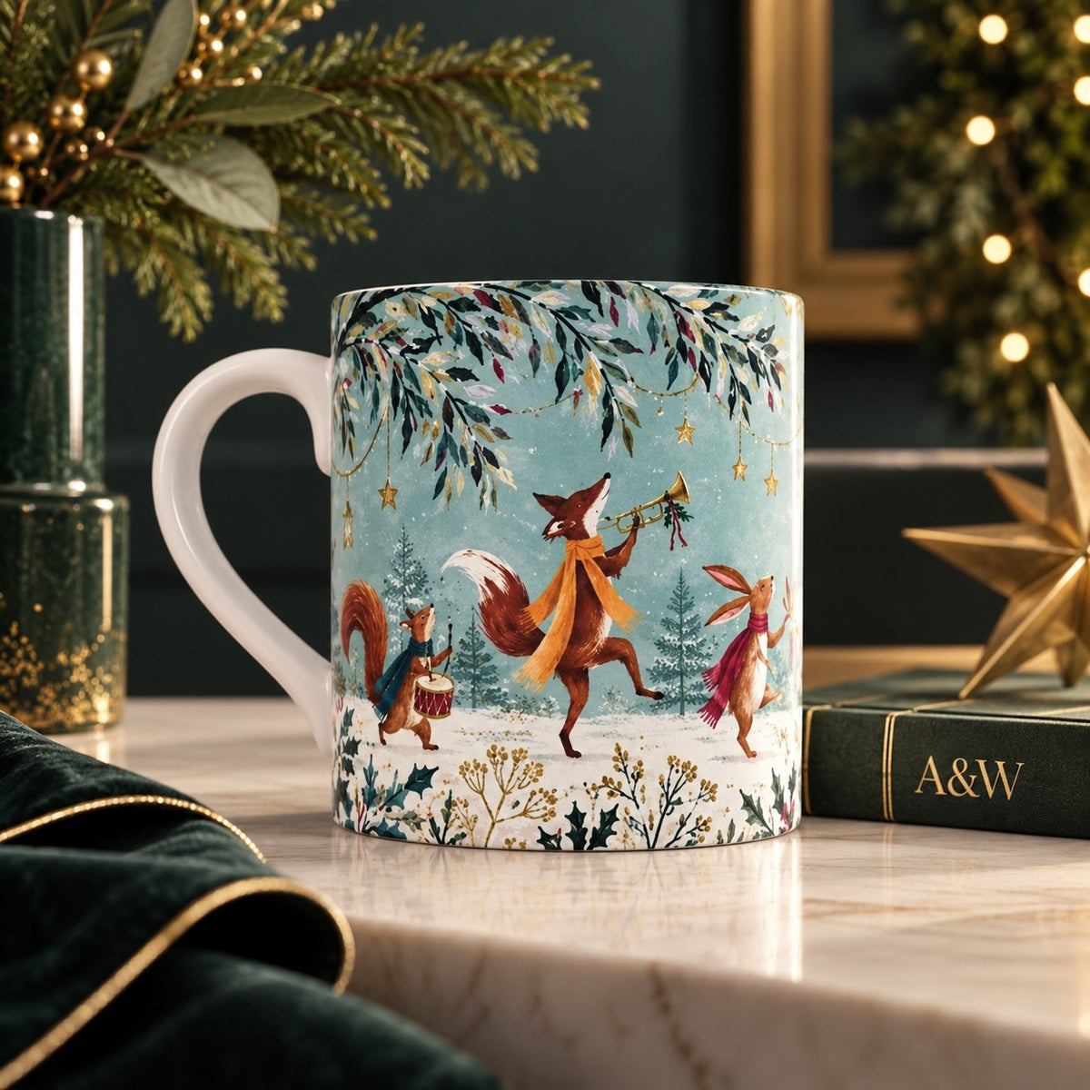 Woodland Parade fine bone china Christmas mug with festive fox and woodland animals in a snowy winter scene