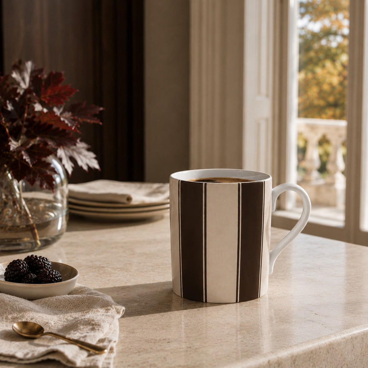 Espresso brown and warm ivory striped fine bone china mug from the Aminelle & Willow Heritage House Collection