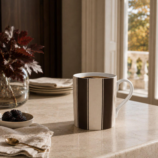 Espresso brown and warm ivory striped fine bone china mug from the Aminelle & Willow Heritage House Collection