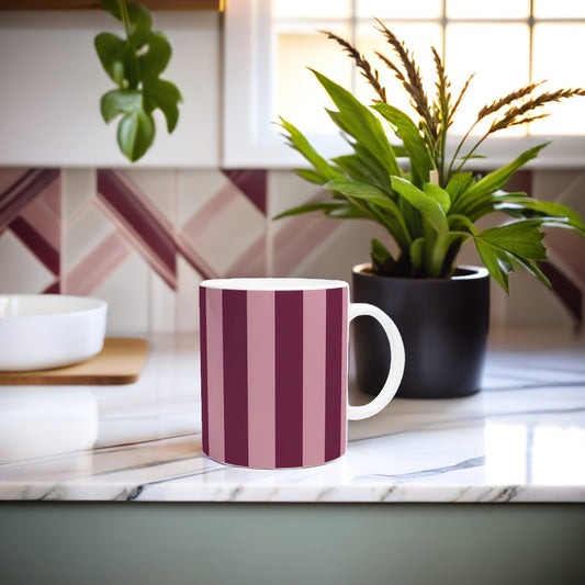 Farmhouse Ceramic Mug with Dark Pink Stripes - Unique Handmade Gift