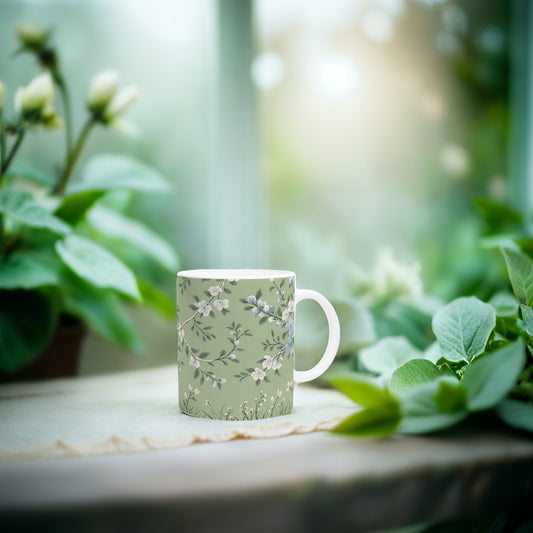 Soft Green Cherry Blossom Mug - Ceramic Coffee Cup