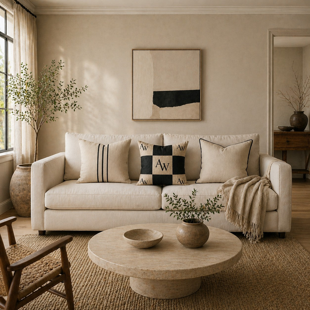 Heritage AW Checker Cushion – Sand & Soft Black