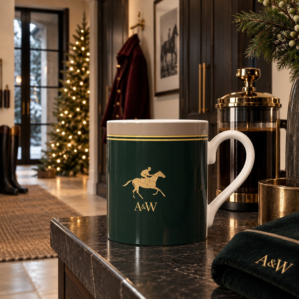 Deep racing green fine bone china mug with gold racehorse and jockey, A&W monogram and gold racing stripes