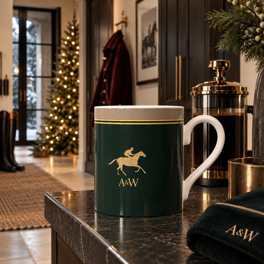 Deep racing green fine bone china mug with gold racehorse and jockey, A&W monogram and gold racing stripes