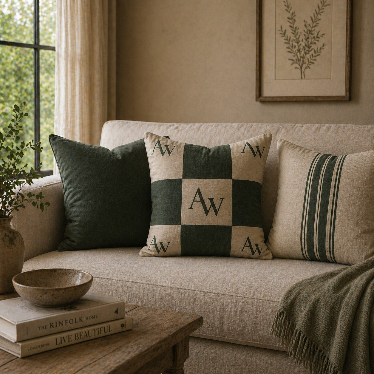 Heritage AW Checker Cushion – Forest Green & Stone
