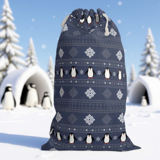 Festive Blue Penguin Christmas Sack | Scandinavian Design Holiday Decor