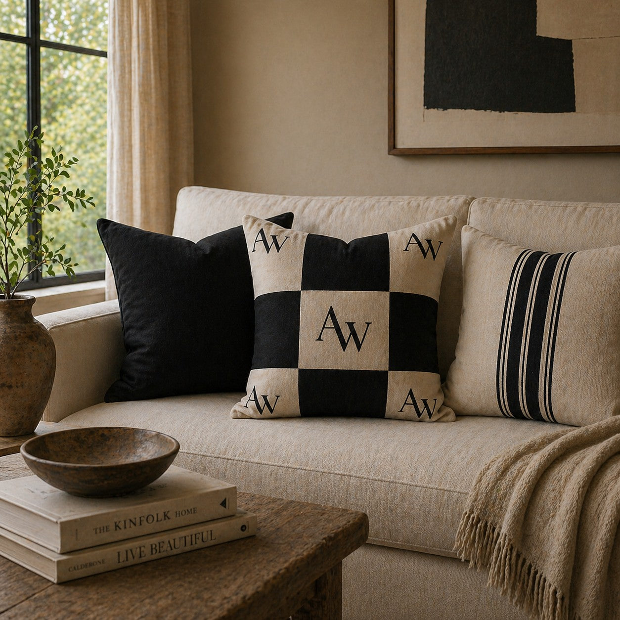 Heritage AW Checker Cushion – Sand & Soft Black