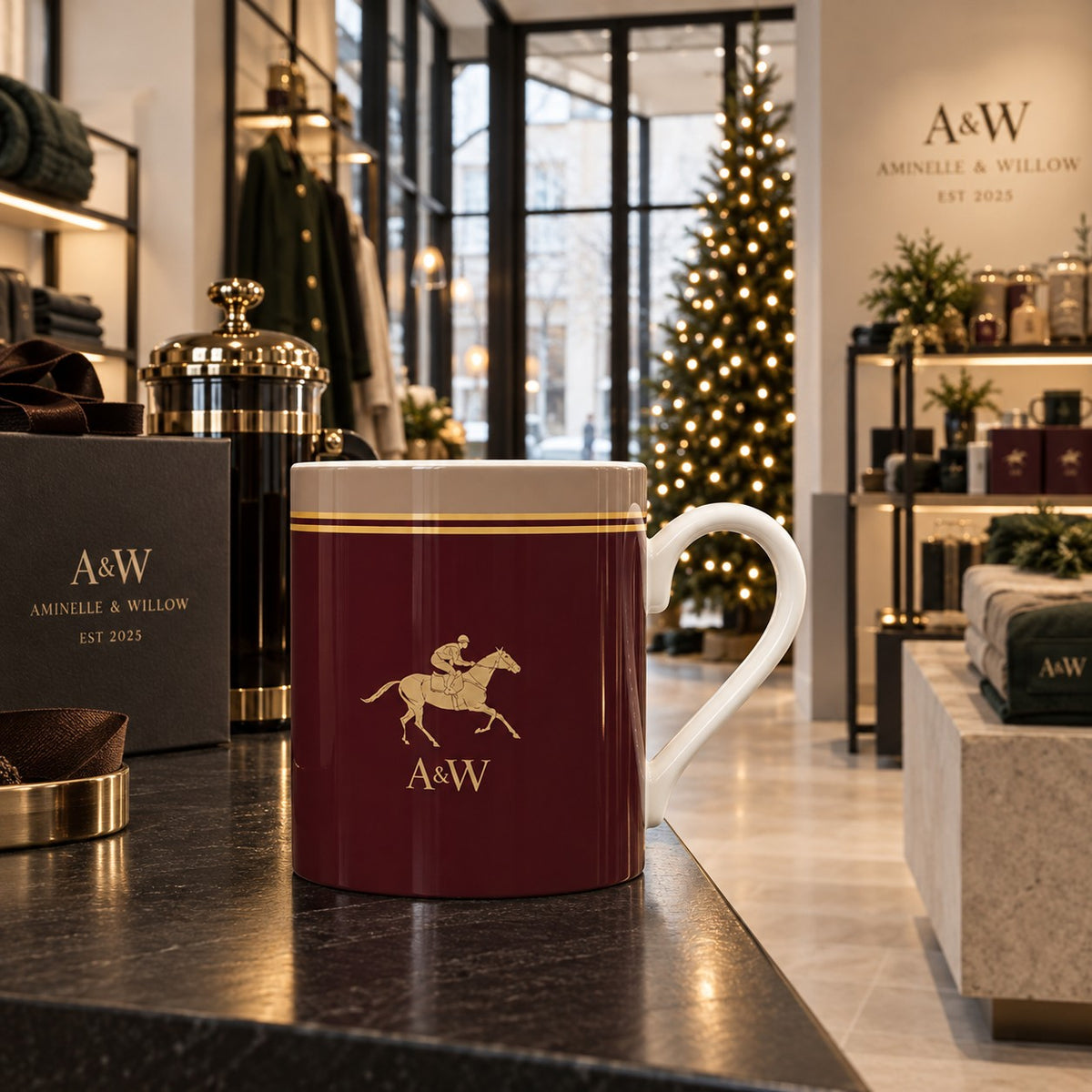 Burgundy horse racing mug featuring a gold racehorse and jockey, A&W monogram, gold racing stripes and taupe border