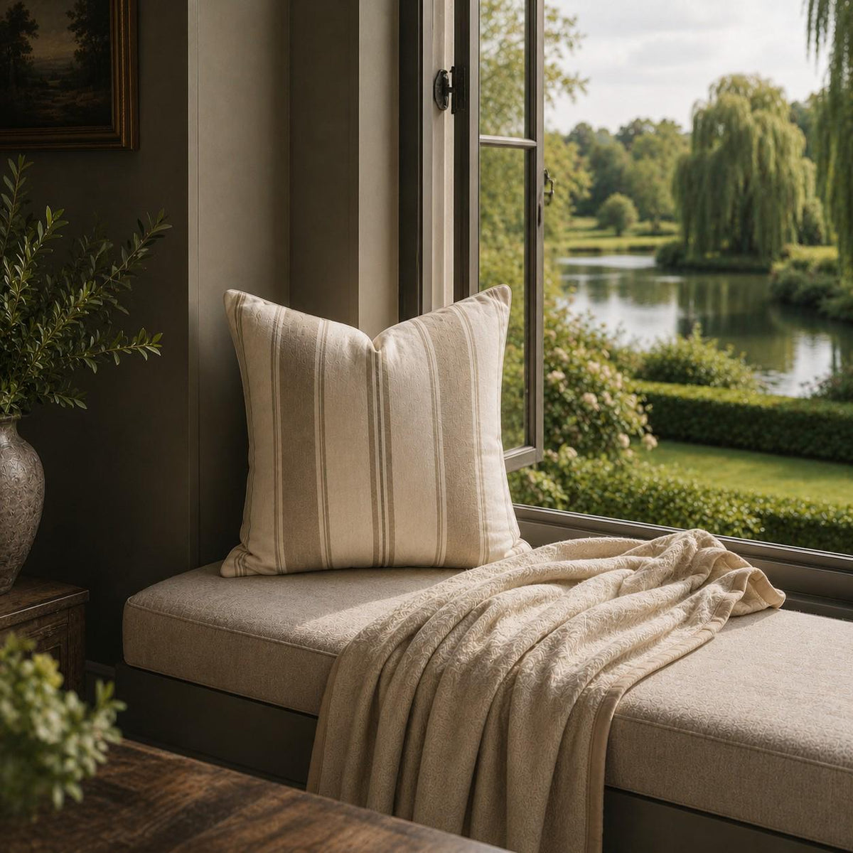 The Signature Willow Stripe Cushion – Mushroom