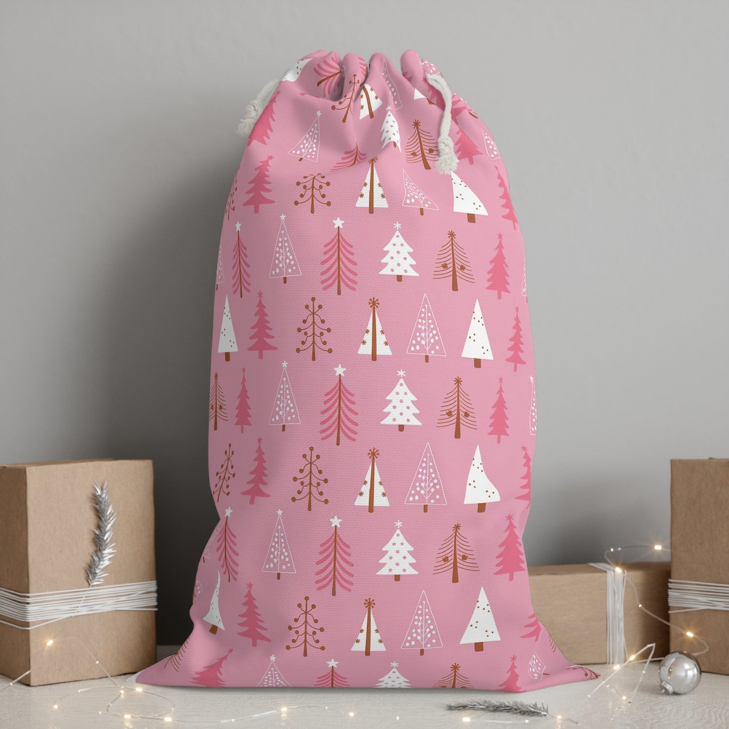 Pink Christmas Sack with Adorable Christmas Tree Designs