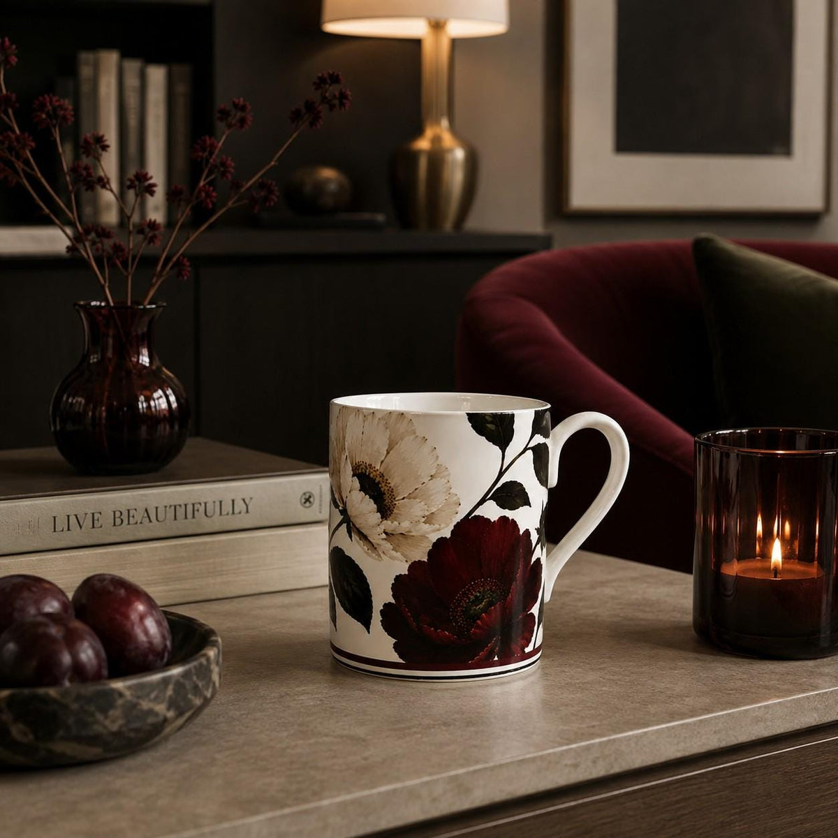 Burgundy Peony Fine Bone China Mug