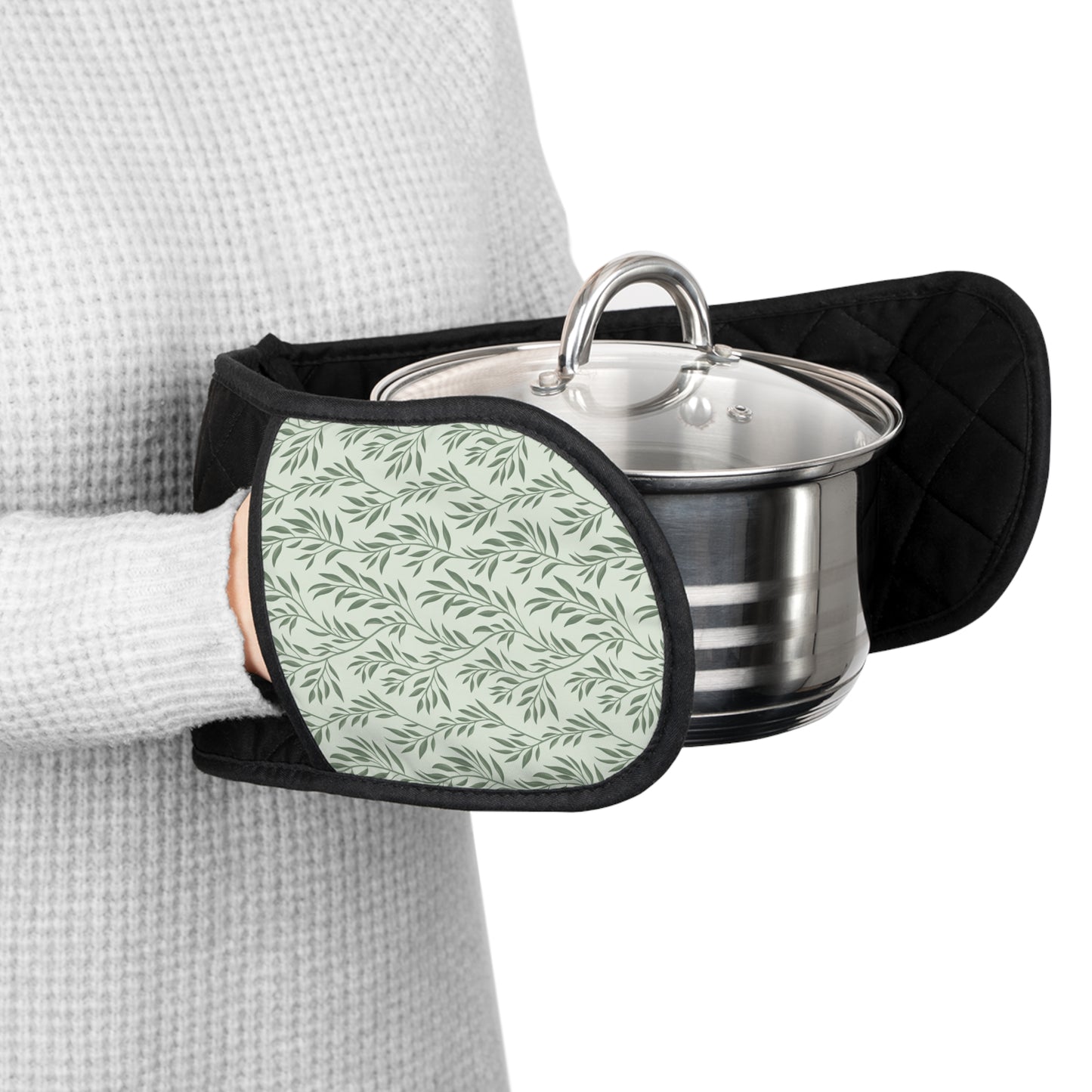 Sage Green Willow Oven Gloves – Minimal Botanical Kitchen Set
