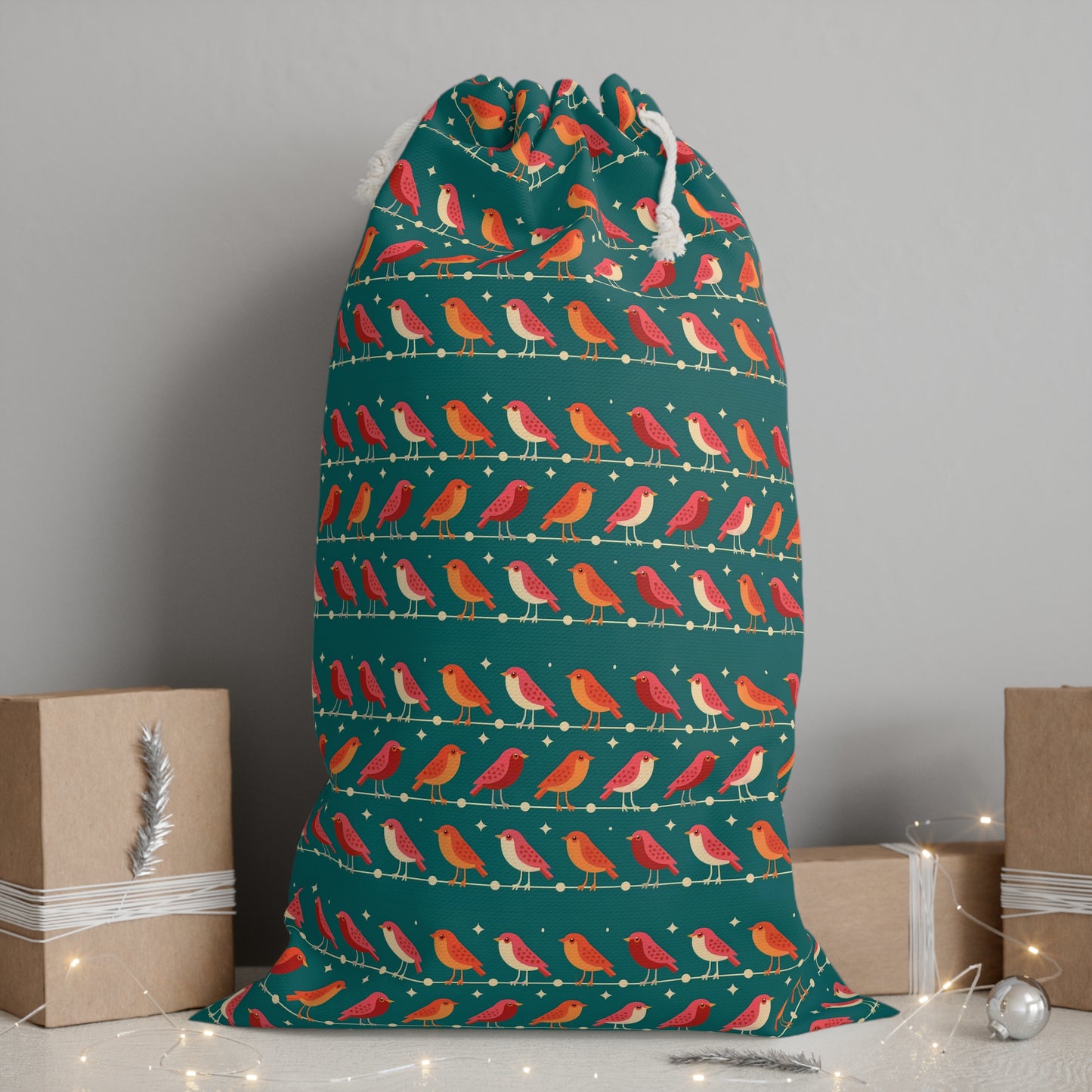Elegant Green Santa Sack with Luxury Christmas Robin Print