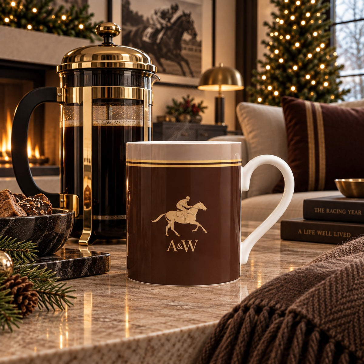 Espresso brown horse racing mug with gold racehorse and jockey, A&W monogram, taupe band and double gold stripe