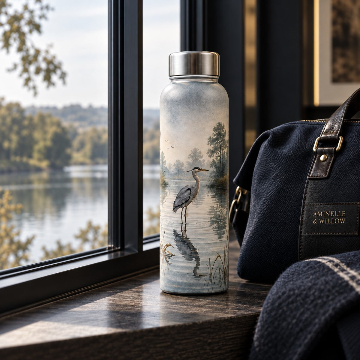 Riverbank Heron glass water bottle featuring a grey heron standing in a misty river with softly reflected trees and reeds