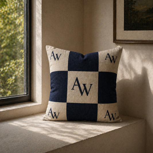 Heritage AW Checker Cushion – Navy & Oat