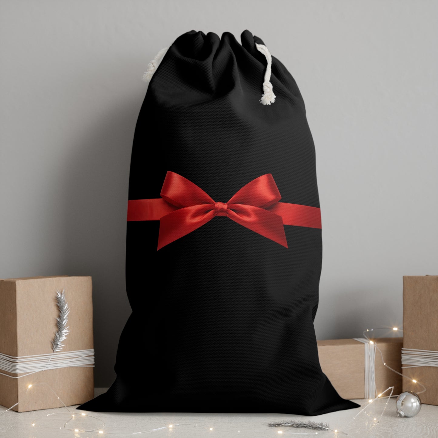 Chic Black Holiday Sack with Red Bow - Christmas Gift Storage