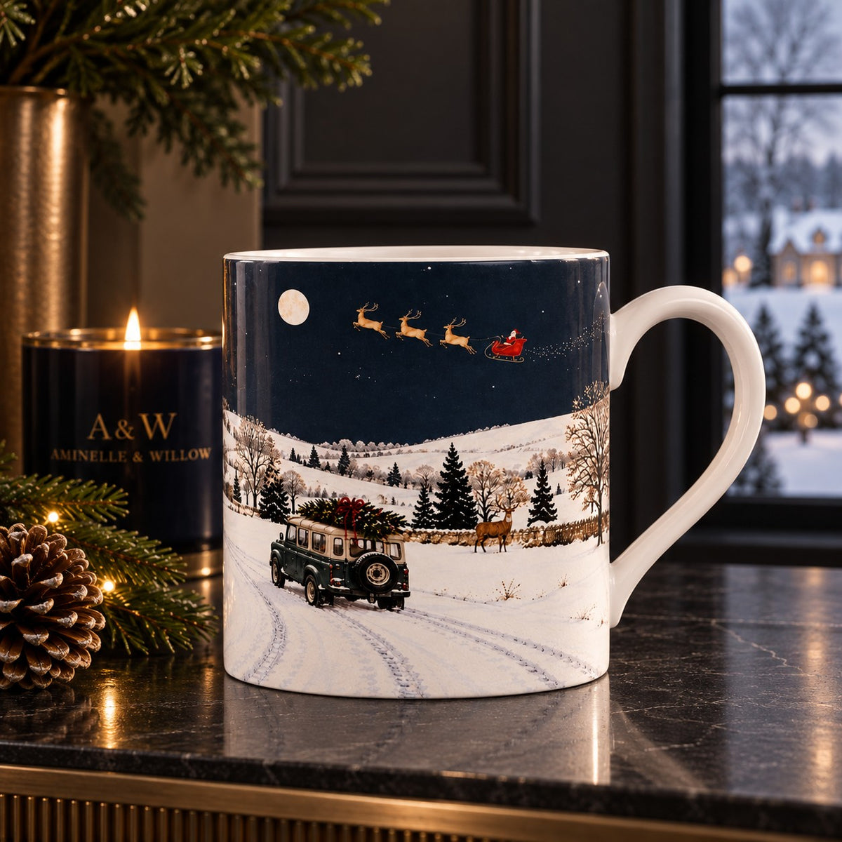 Fine bone china mug with black and golden Labradors wearing tartan scarves outside a snowy country house at night